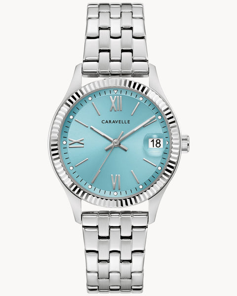 LADIES STAINLESS STEEL SILVER CARAVELLE WATCH WITH BLUE FACE