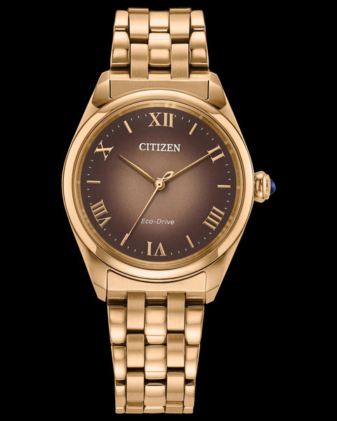 LADIES CITIZEN ECO DRICE GOLD TONE WATCH WITH BROWN FACE