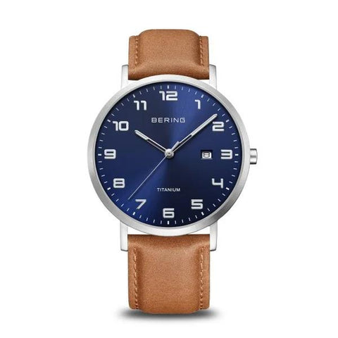 MENS BERING TITANIUM WATCH WITH BLUE DIAL AND BROWN LEATHER BAND