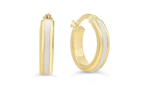 10K Yellow gold with white enamel hoop earrings