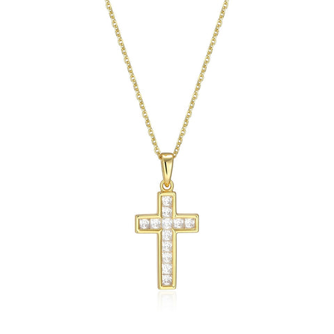 STERLING SILVER GOLD PLATED CROSS PENDANT WITH CUBIC ZIRCONIAS AND CHAIN