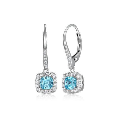 S/S  BLUE CUSHION CZ DROP EARRINGS