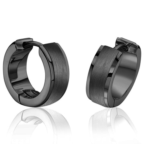 BLACK IP STAINLESS STEEL POLISHED EDGES, BRUSHED CENTRE HUGGIE HOOP EARRINGS