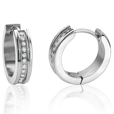 STAINLESS STEEL WHITE CUBIC ZIRCONIA CHANNEL SETTING HUGGIE EARRINGS