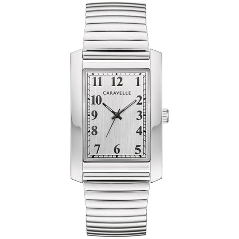 CARAVELLE STAINLESS  MENS  STEEL SILVER WITH  WHITE RECTANGLE FACE  WATCH