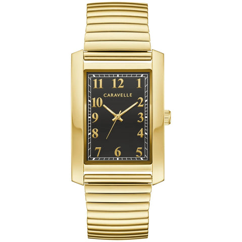 GENTS CARAVELLE GOLD TONE STAINLESS STEEL WITH RECTANGLE FACE AND EXPANSION BRACELET