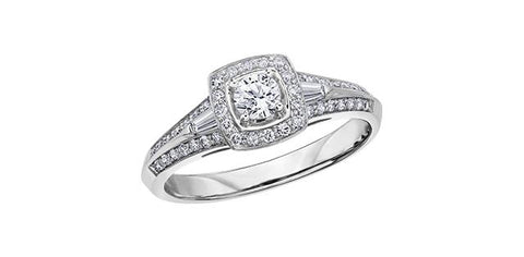 14K white gold Canadian diamond halo style engagement ring.